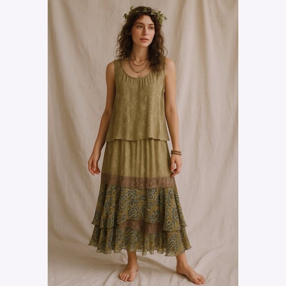 Vtg Spencer Alexis 2 Piece Set 2X Tank Top Skirt Cottagecore Ethereal Fairy Boho - Picture 1 of 15